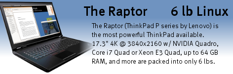 The Raptor (ThinkPad P51/P51s/P71 series by Lenovo) Linux laptop features a Core i7 Quad or Xeon E3 Quad CPU, up to 64 GB RAM, and up to a 17.3" 4K 3840x2160 display with NVidia graphics.